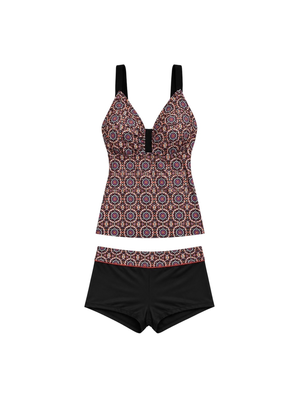 South Point Black Orange Floral Tankini and Shorts Two Piece Swim Set Size 12